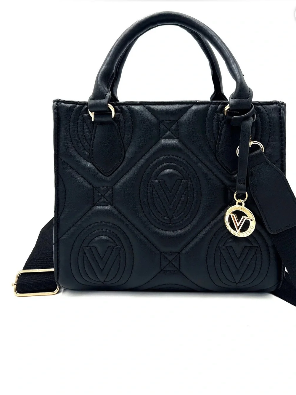 Valentino Orlandi Black Quilted Small Tote with Gold Charm- NWT